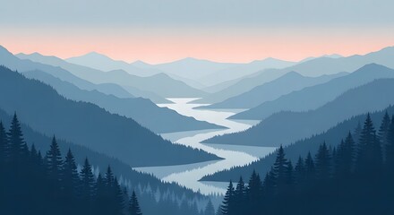 Serene Layered Mountain Landscape with River Valley Forest and Gradient Sky Illustration