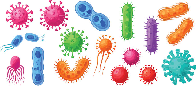 Colorful Virus and Bacteria Microorganism Set with Germ Cells Pathogen Shapes and Medical Microbiology Vector Illustration Collection