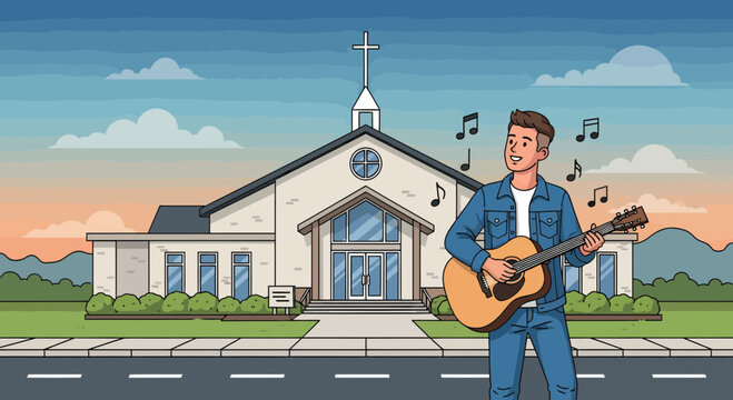 Young man playing guitar and singing with musical notes.