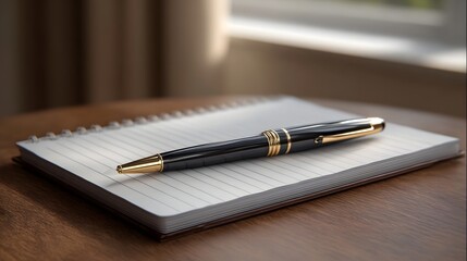 A black and gold pen rests on an open lined notebook bathed in soft natural light on a wooden surface