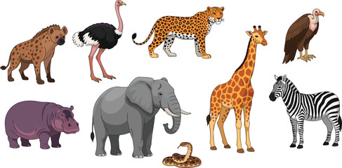 African Safari Wildlife Animal Set Featuring Elephant Giraffe Zebra Cheetah Hyena Ostrich Vulture Hippo and Snake Vector Illustration © MdNipon