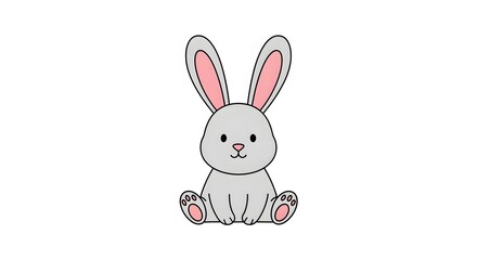 Fototapeta premium Cute cartoon gray bunny with long ears and pink inner ears, sitting upright with paws visible, isolated on a white background