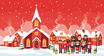 Fototapeta premium Diverse group of carolers singing Christmas carols in a snowy village.