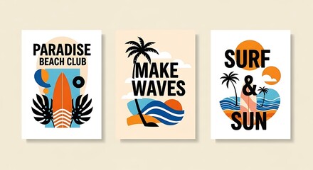 Three vibrant, minimalist posters with beach, surfing, and tropical themes on a light backdrop