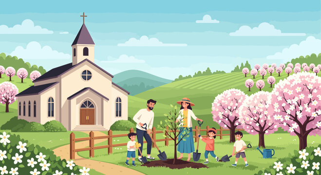 Family planting a tree together near a church.