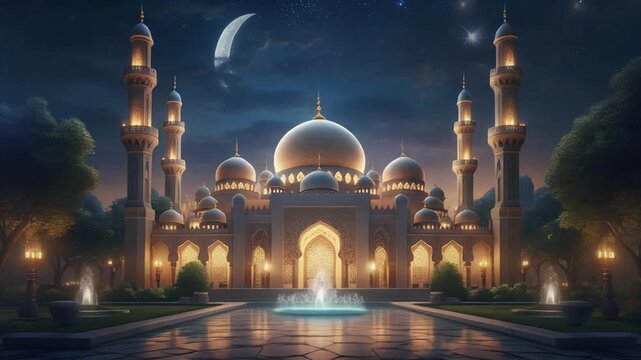 A serene nighttime scene of a majestic mosque with illuminated domes and minarets, reflecting on a wet courtyard surrounded by trees and streetlights under a crescent moon