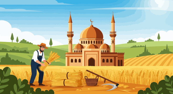 Farmer harvesting wheat in a field.