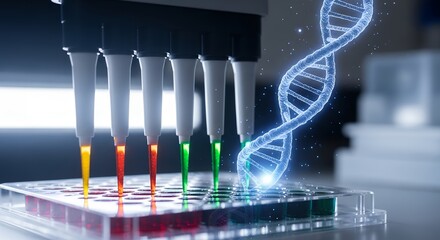 Automated Pipette Dispensing Liquids into Microplate with Glowing DNA Helix Overlay