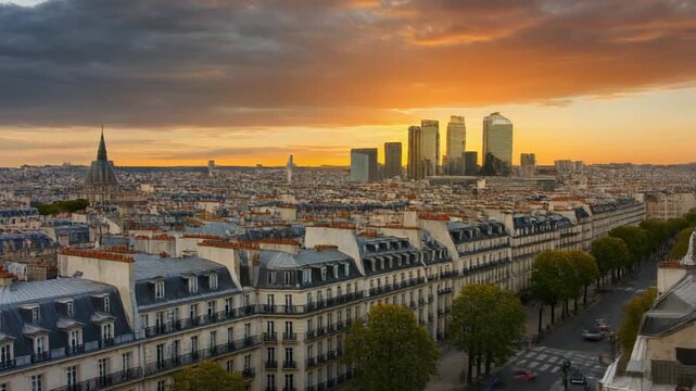 Aerial view of Paris cityscape at sunset with historic buildings and modern skyscrapers