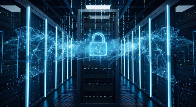 Cyber Security Data Server Room with Digital Padlock for Futuristic Network Connection