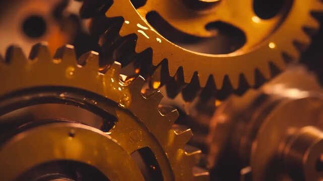 Industrial close-up of a golden mechanical gear system with interlocking gears against a dark backdrop, captured from a centered perspective