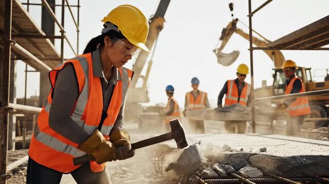 Construction worker using a hammer to break concrete on a construction site.