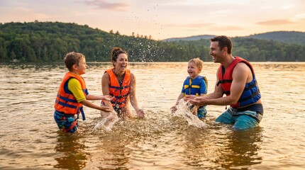 Obraz premium Family playing in shallow lake water during warm sunset