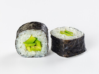 Two fresh avocado maki sushi rolls isolated on a clean white background. © Andrei Starostin