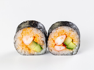 Closeup of two maki sushi rolls with shrimp and cucumber filling isolated on white. © Andrei Starostin
