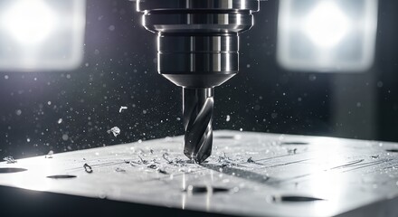 Metalworking CNC Machine Drill Bit Cutting Metal with Swarf Flying Industrial Manufacturing Close-up