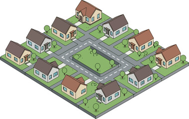 Illustration of a neighborhood with houses and trees from an aerial viewpoint