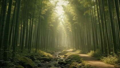 Obraz premium Golden Sun Rays Illuminating a Serene Bamboo Forest with a Winding Path and Mossy Stream