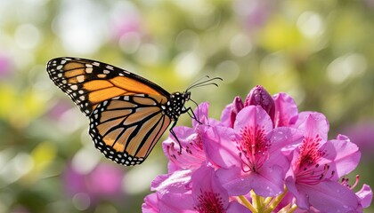 Beautiful Monarch Butterfly Resting on Vibrant Pink Rhododendron Flower with Soft Bokeh Background