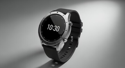 Round Smartwatch Displaying Time 10:30 on Black Strap Studio Lighting
