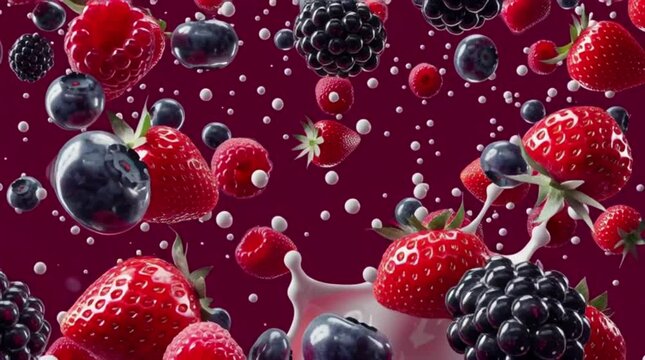 Fresh berries splash in creamy milk on a dark background in fun food art at a bright studio
