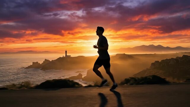 A lone runner sprints across a hilltop at sunrise The sky blazes with vibrant orange and purple hues a beacon of hope and determination