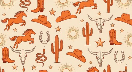 Vector pattern featuring desert flora, cowboy attire, wild west symbols in warm tones