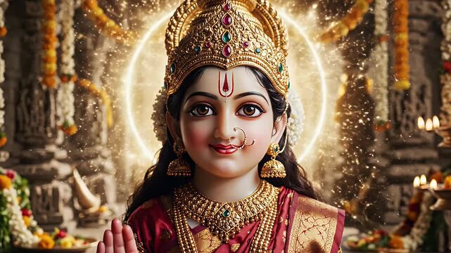 Ornately Adorned Hindu Goddess Idol in a Temple Setting with Marigold Garlands and Halo