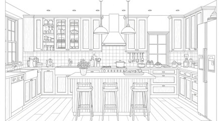 Fototapeta premium Modern Kitchen Interior Design Sketch with Island and Cabinets.