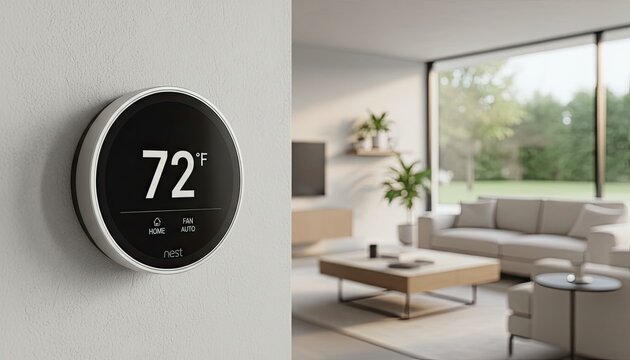 Smart Nest Thermostat Displaying 72&deg;F in a Bright Modern Living Room with Garden View