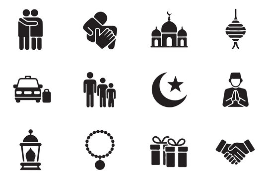 Islamic ramadan holy month icon set including mosque moon lantern gifts and family celebration elements