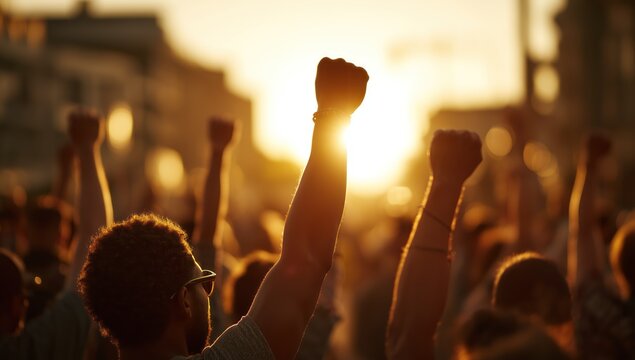 Uplifting Moment: Crowd Raising Fists in Solidarity at Sunset