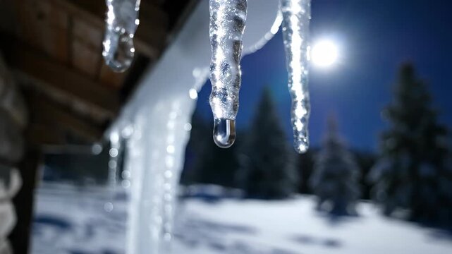 Glistening icicles hanging from roof under moonlight with snow-covered landscape in background. Icicles reflect cold winter night, enhancing serene atmosphere of snowy wilderness.