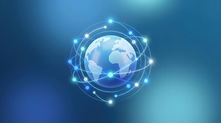 Obraz premium Abstract Glowing Globe with Orbiting Network Nodes on Blue Background