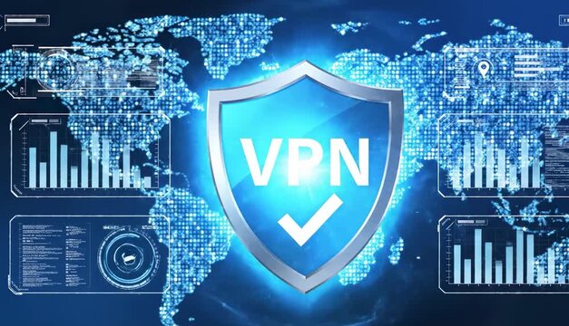 Businessman pressing a virtual VPN button on a futuristic holographic screen. Concept of secure remote access and corporate data protection in a digital environment.