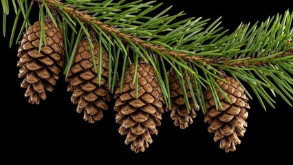 Fototapeta premium Close up of pine cones and evergreen branches against dark background