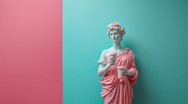 Female sculpture in traditional clothing holding two coffee cups. Modern pop art style for advertising and contemporary design concept.