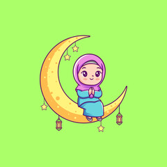 Muslim Girl Praying on Crescent Moon Ramadhan