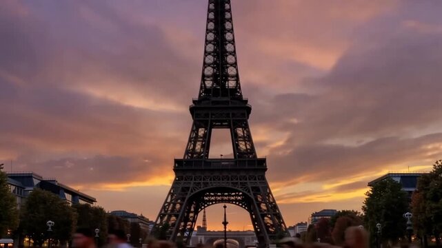 Tourists gather at iconic iron lattice tower in Paris during sunset with vibrant sky