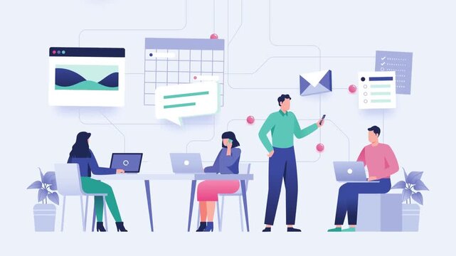 Business Team Strategy Planning &ndash; Office Collaboration 2D Animated Clip Showing Professional Discussion and Workflow Scene