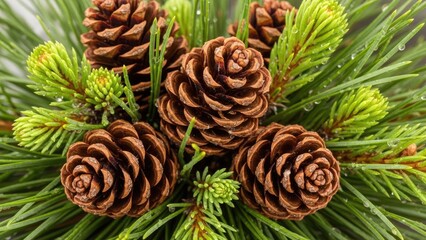 Fototapeta premium Close up of pine cones and green needles illustrating natures beauty