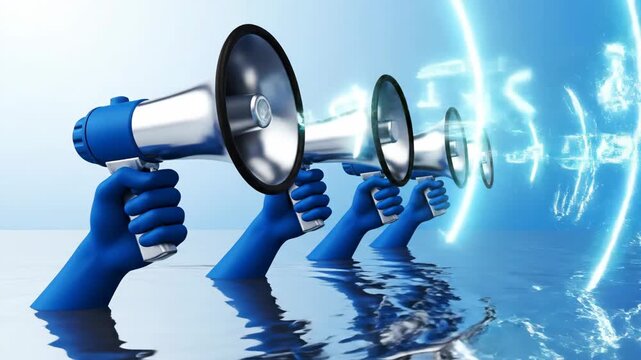 Megaphone announcements in water illustration revealing urgent message,critical information,crisis communication and important news alert,blue gloved hands,public warning