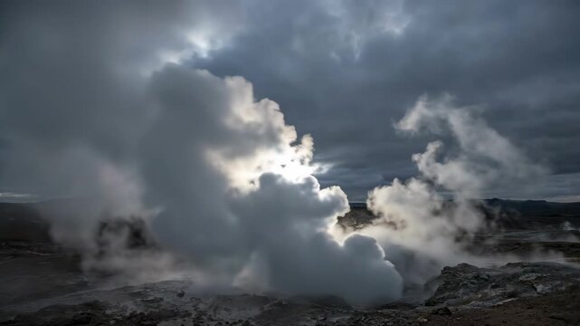 Sunlight pierces through dramatic storm clouds illuminating steam rising from geothermal vents creating an ethereal atmosphere of raw natural power