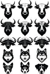 Fototapeta premium Black and White Buffalo and Wolf Head Illustration Set, Tribal Style Animal Mascot Logos Collection Isolated on Light Background Vector Icon Design Pack