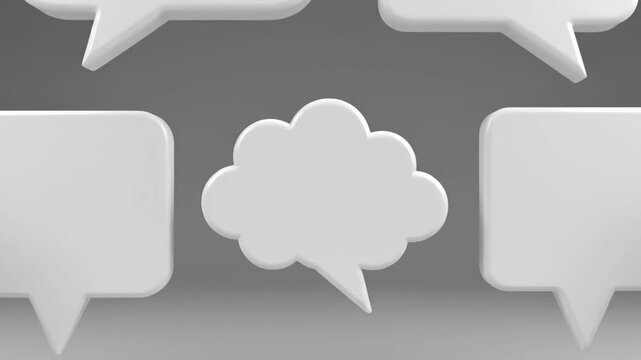 Minimalist chat bubble arrangement with central cloud shape and square speech icons animation background design concept