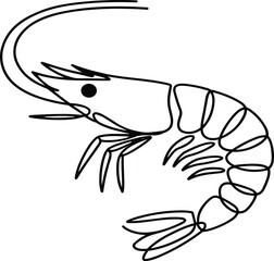 Black and white line of a shrimp with segmented body and antennae seafood crustacean