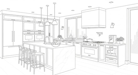 Modern Kitchen Interior Design Blueprint Sketch.