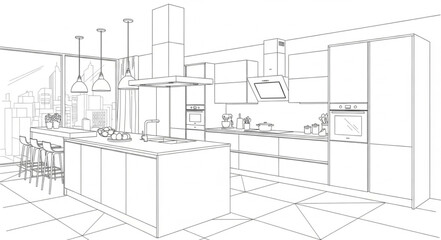 Modern Kitchen Interior Design Blueprint Sketch.