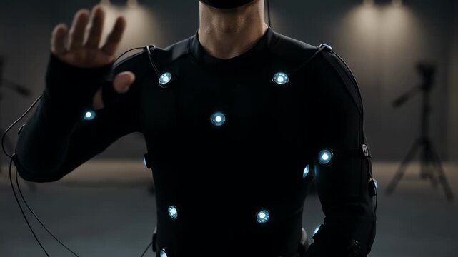 Man wearing motion capture suit with glowing sensors raising his hand