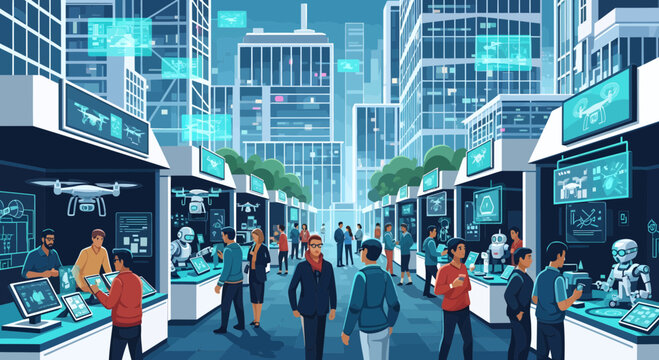 People exploring a futuristic technology exhibition in a modern city.